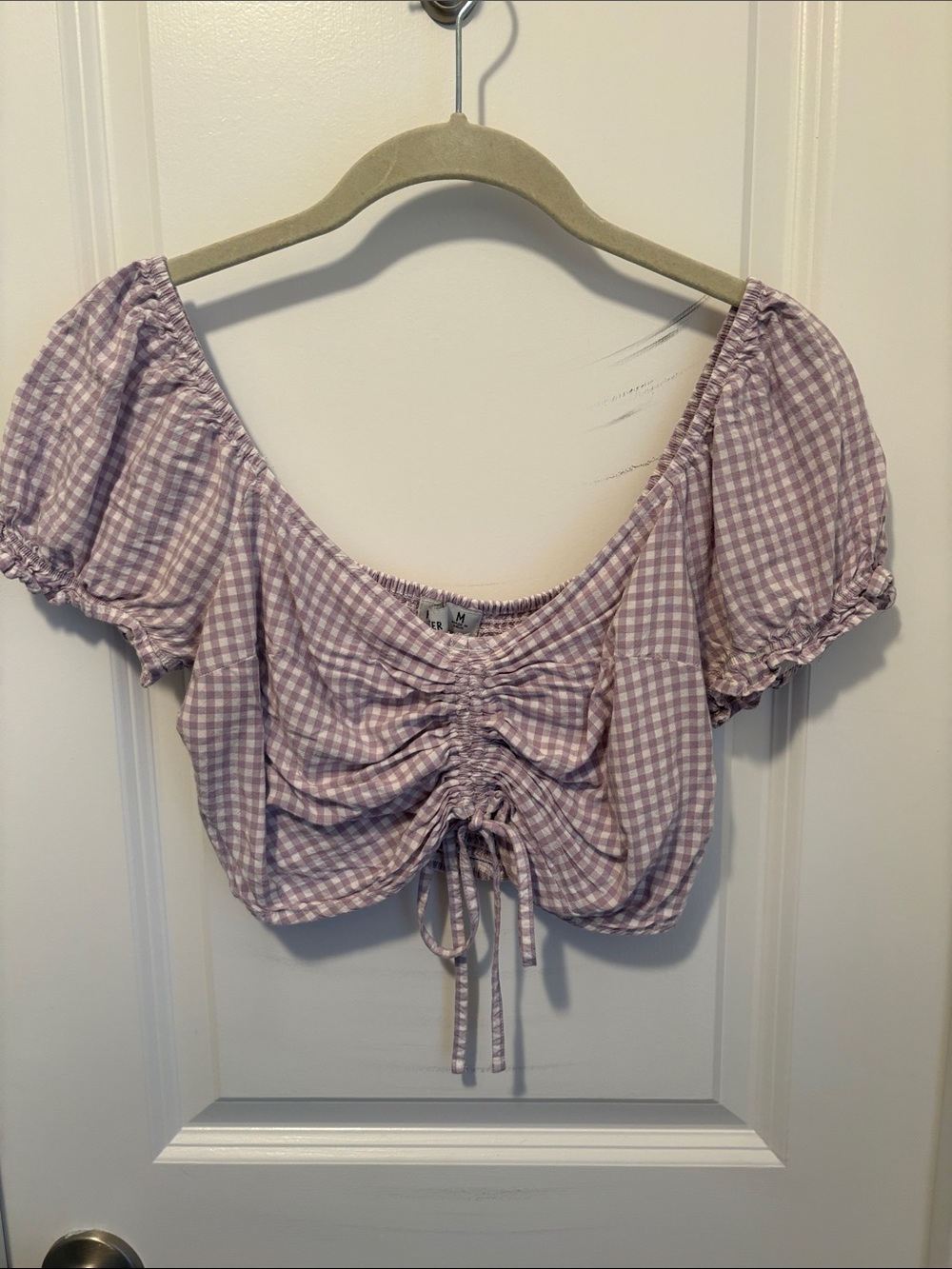 Gingham Ruched Crop Top - Lavender